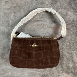 Coach Nolita 19 Wristlet Dark Brown Croc Embossed Suede Gold Hardware Bag